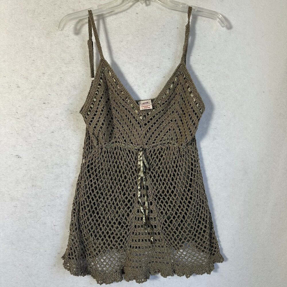 Tank top women L Babydoll Crochet  army green silk‎ Y2K Boho Festival Fairy